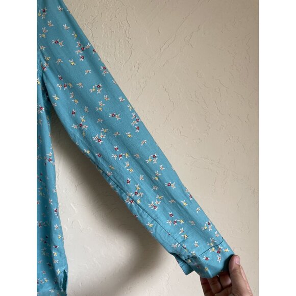 Talbots Size Medium Turquoise Teal Blue Ditsy Floral Popover Top 100% Cotton - Picture 5 of 6
